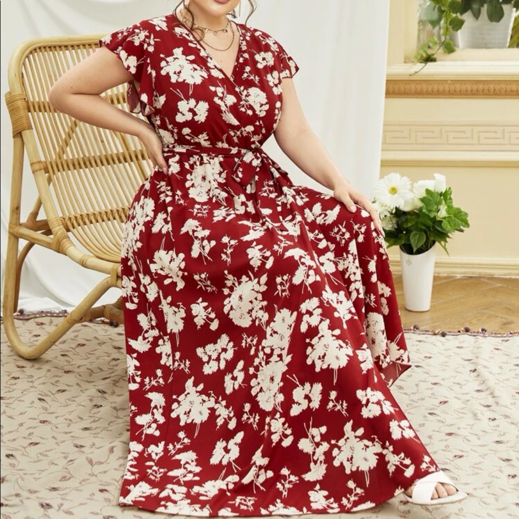 Boho Plus Size Butterfly Sleeve Belted Maxi Dress